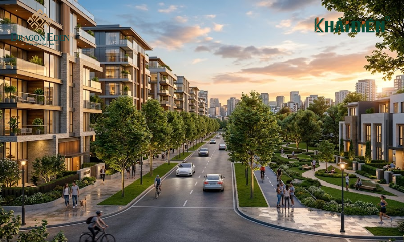 Khu đô thị hiện đại với đường phố rộng rãi